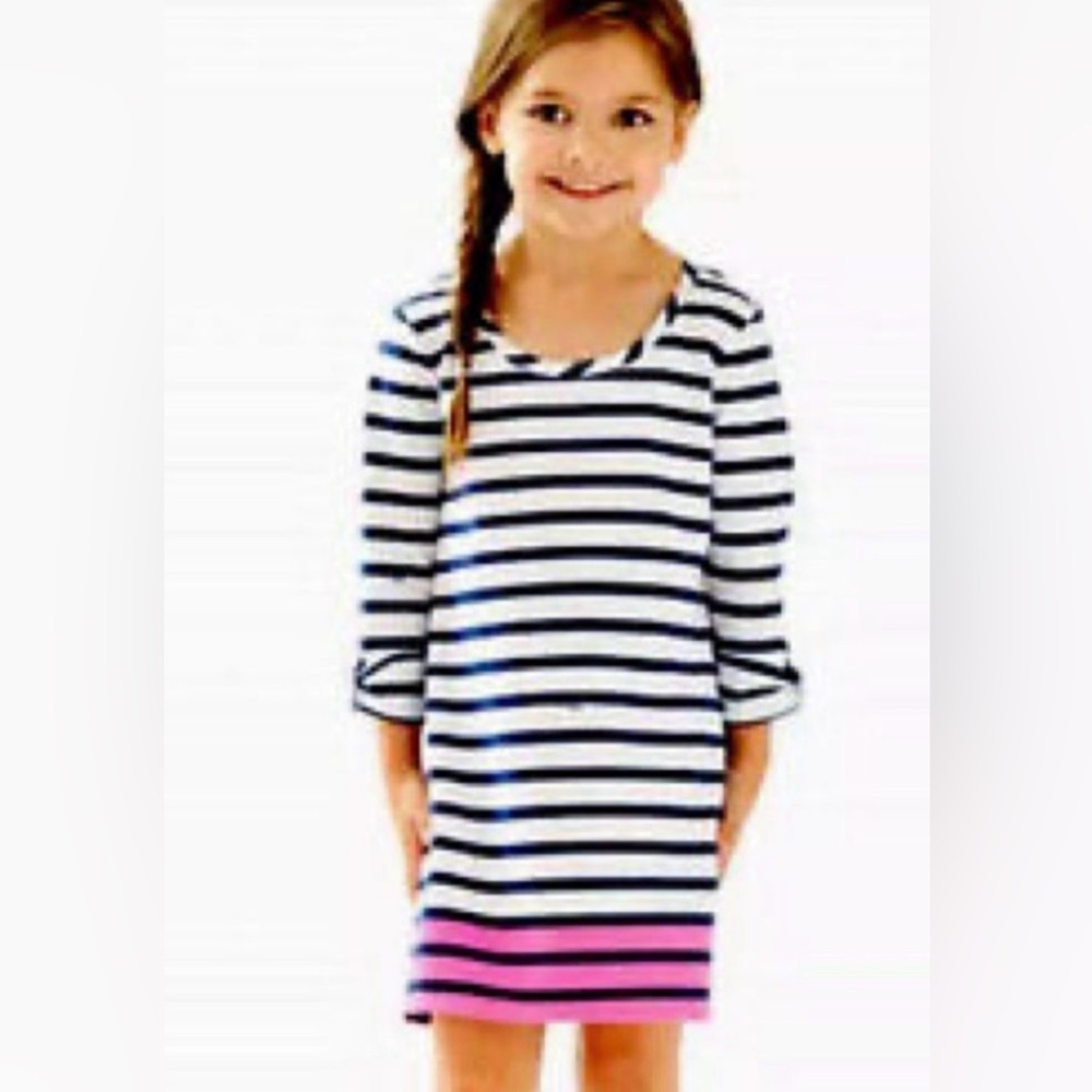 Lilly Pulitzer Striped Blue White Pink 3/4 Sleeve Dress Size S(4-5) years
